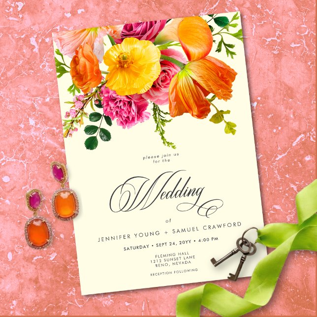 Invitation Vibrant Summer Floral Yellow Orange Pink Wedding (Vibrant Summer Floral Yellow Orange Pink Wedding Invitation)