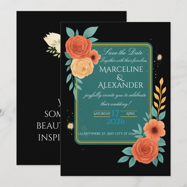 Invitation Vibrant Teal & Coral Floral Frame (Devant / Derrière)