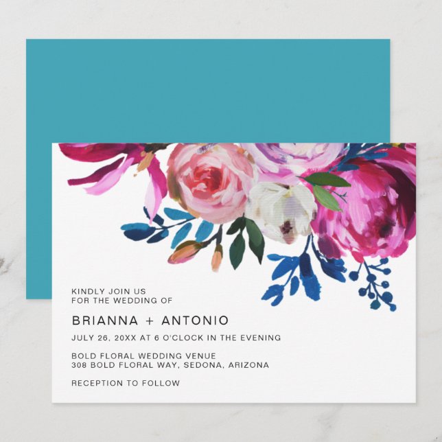Invitation Vibrant Turquoise rose vif Floral moderne Mariage (Devant / Derrière)
