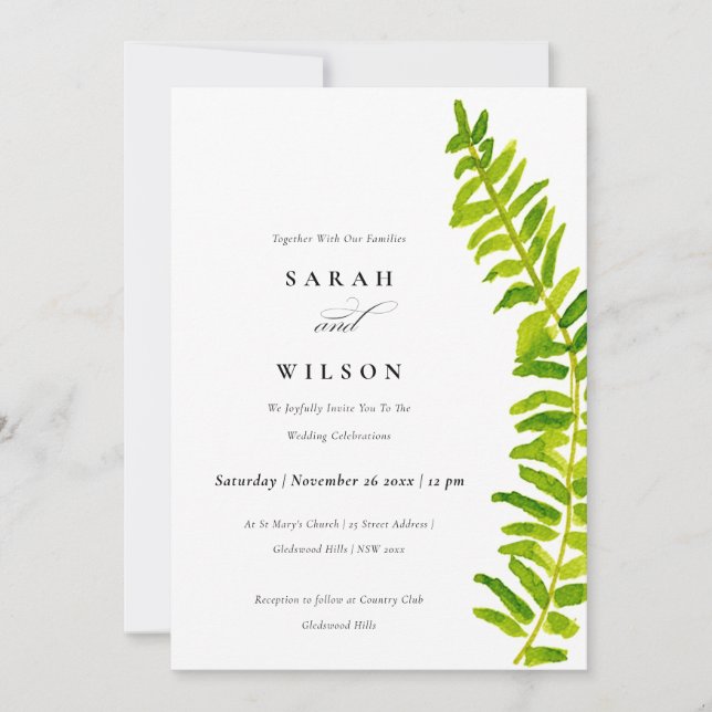INVITATION VIBRANT VERT WATERCOLOR FERN FOLIAGE MARIAGE (Devant)