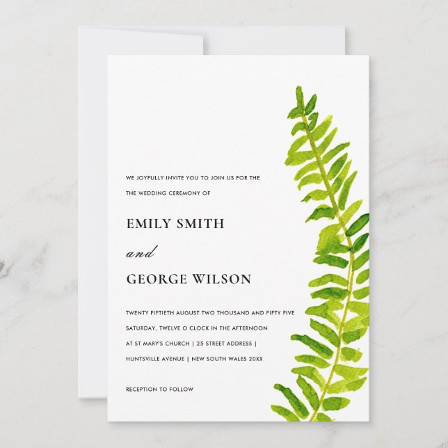 INVITATION VIBRANT VERT WATERCOLOR FERN FOLIAGE MARIAGE (Devant)