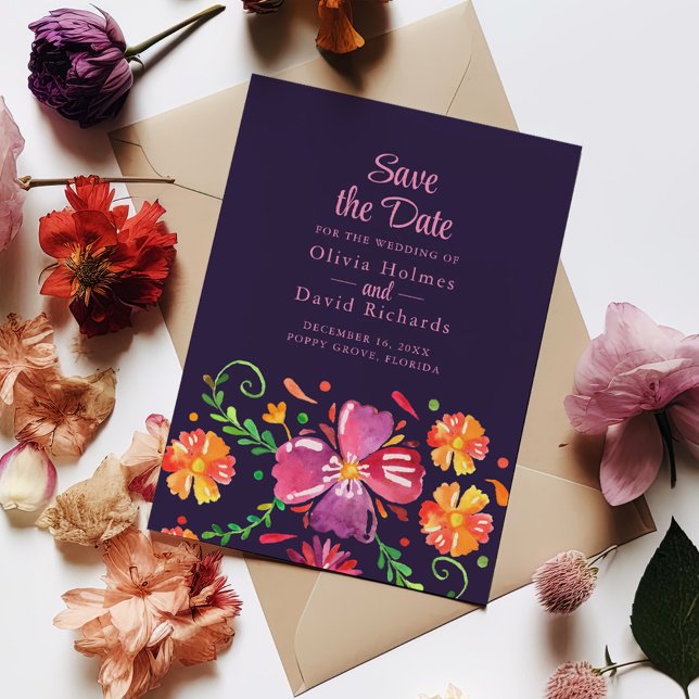 Invitation Vibrant violet mexicain Fiesta florale Enregistrer (Purple Mexican Vibrant Floral Fiesta Save the Date Invitation on a table surrounded with flowers.)