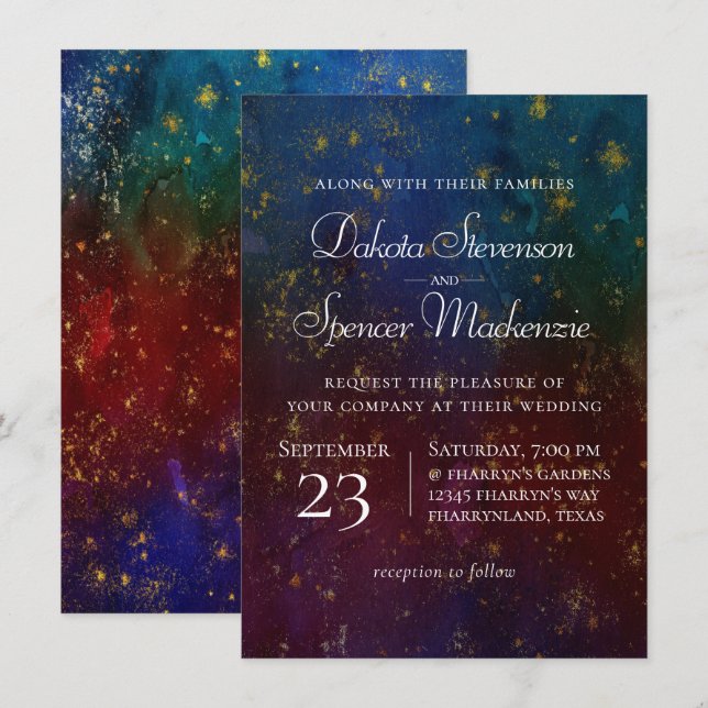 Invitation Vibrants Rubans | Mariage Aquarelle Tons de Bijoux (Devant / Derrière)