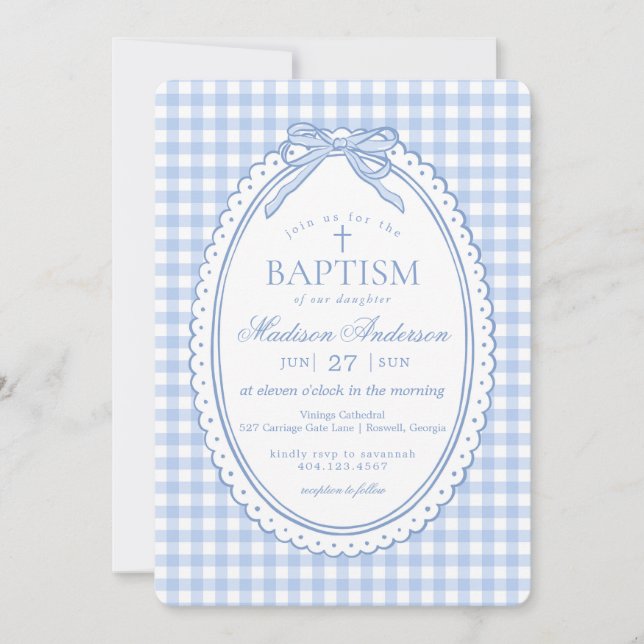 Invitation Vichy Bleu Coquette Baptême Nœud (Devant)