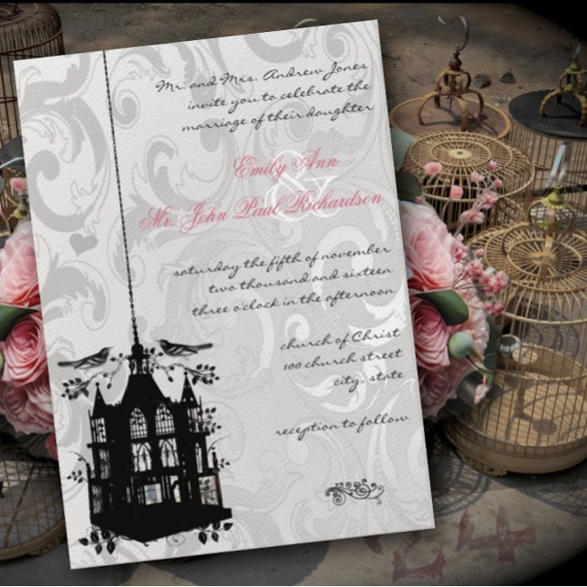 Invitation Victorian Birdcage Silver & Pink Weddin (Créateur téléchargé)