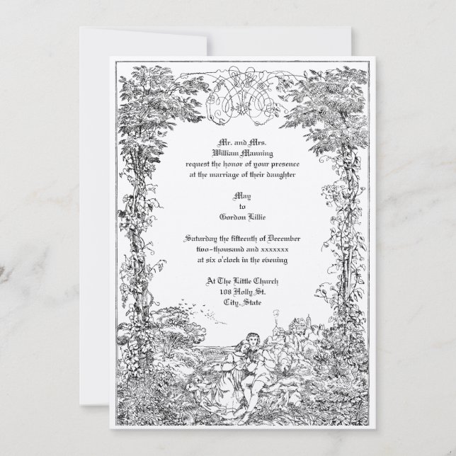 Invitation Victorian Castle Couple Foliage Mariage frontalier (Devant)