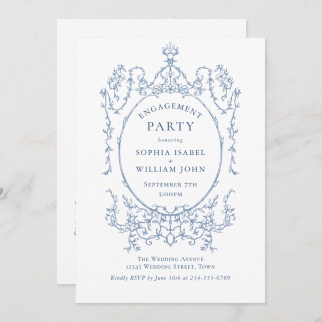 Invitation Victorian Dusty Blue ENGAGEMENT PARTY QR code (Devant / Derrière)