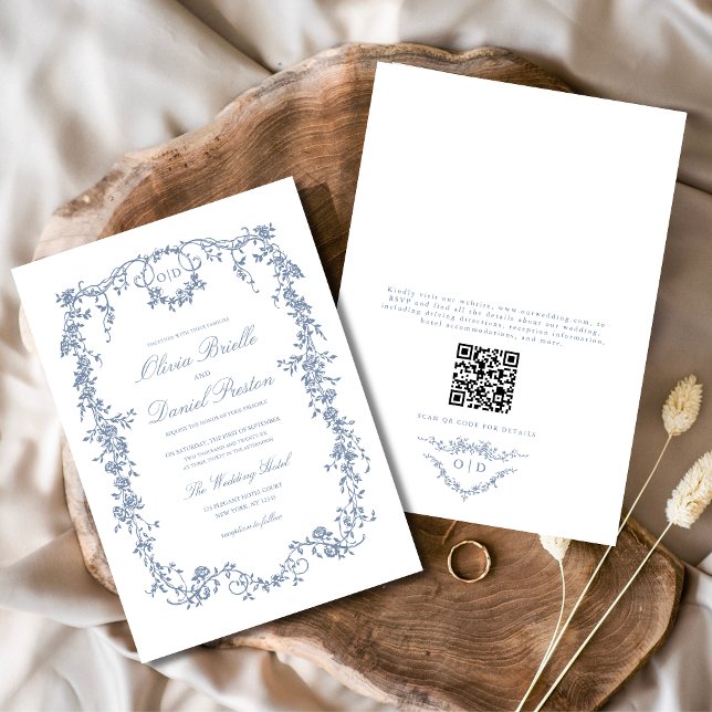 Invitation Victorian Dusty Blue QR Code Floral Mariage (Créateur téléchargé)