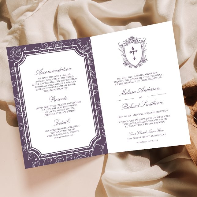 Invitation Victorian Dusty Purple Catholic QR Code Wedding (Créateur téléchargé)