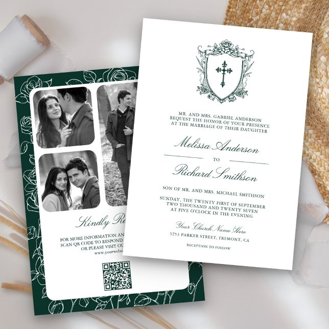 Invitation Victorian Emerald Green catholique QR Code Mariage (Créateur téléchargé)