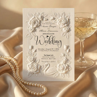 Invitation Victorian Faux Embossed Swan & Rose Wedding