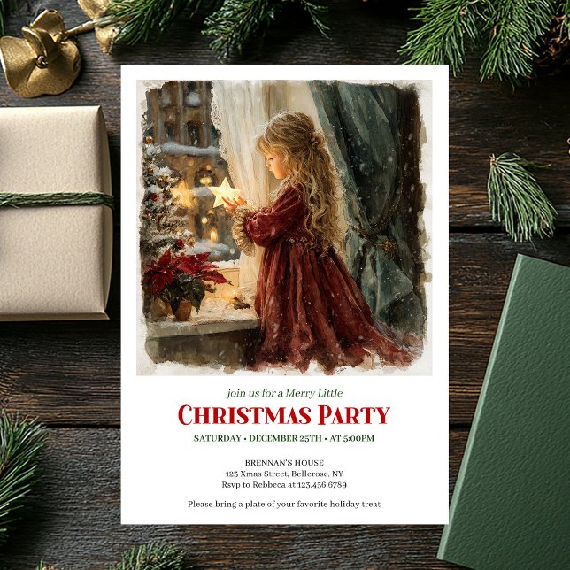 Invitation Victorian girl awaits Santa printable holiday  (Victorian girl awaits Santa printable holiday invite)