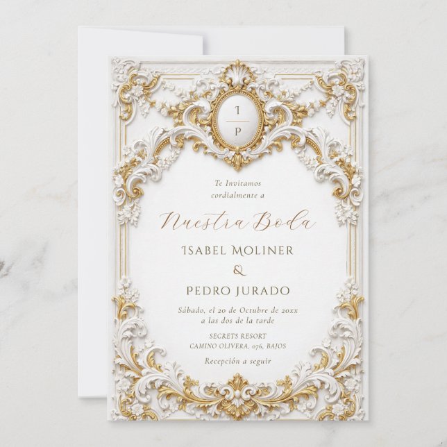 Invitation Victorian Or Blanc Baroque Nuestra Boda Mariage (Devant)