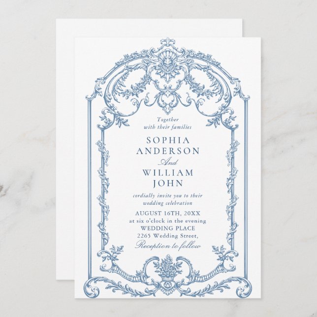 Invitation Victorian Ornate Floral Dusty Blue Code QR Mariage (Devant / Derrière)