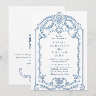 Invitation Victorian Ornate Floral Dusty Blue Code QR Mariage