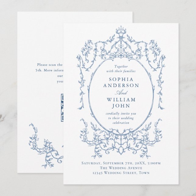 Invitation Victorian Ornate Floral Dusty Blue Code QR Mariage (Devant / Derrière)