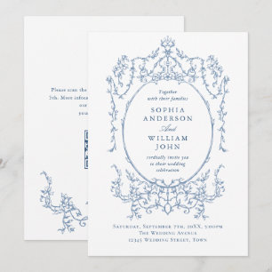Invitation Victorian Ornate Floral Dusty Blue Code QR Mariage