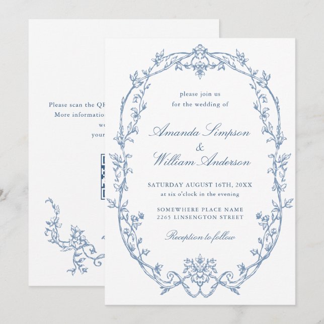 Invitation Victorian Ornate Floral Dusty Blue Code QR Mariage (Devant / Derrière)