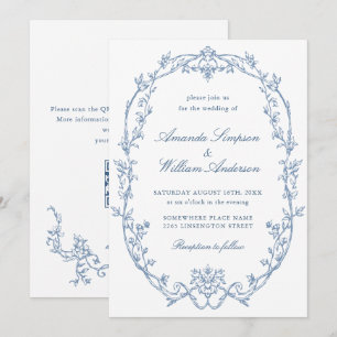 Invitation Victorian Ornate Floral Dusty Blue Code QR Mariage