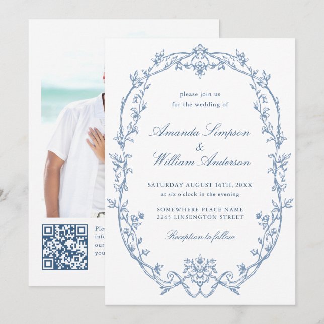 Invitation Victorian Ornate Floral Dusty Blue Code QR Mariage (Devant / Derrière)