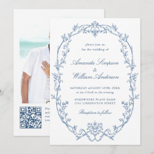 Invitation Victorian Ornate Floral Dusty Blue Code QR Mariage