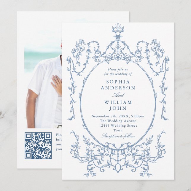 Invitation Victorian Ornate Floral Dusty Blue Code QR Mariage (Devant / Derrière)