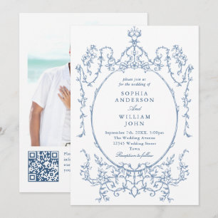 Invitation Victorian Ornate Floral Dusty Blue Code QR Mariage