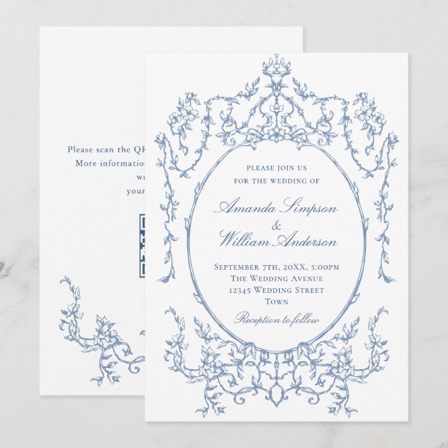 Invitation Victorian Ornate Floral Dusty Blue Code QR Mariage (Devant / Derrière)