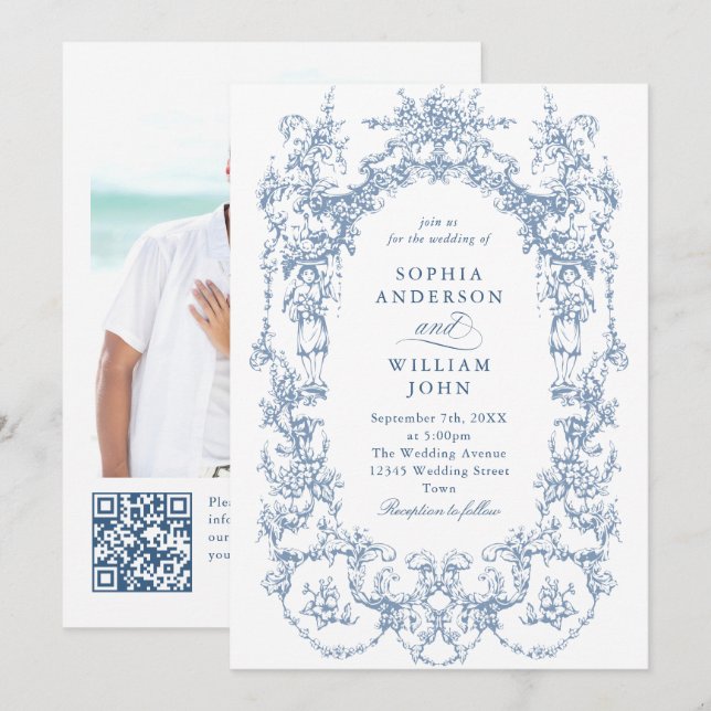Invitation Victorian Ornate Floral Dusty Blue Code QR Mariage (Devant / Derrière)