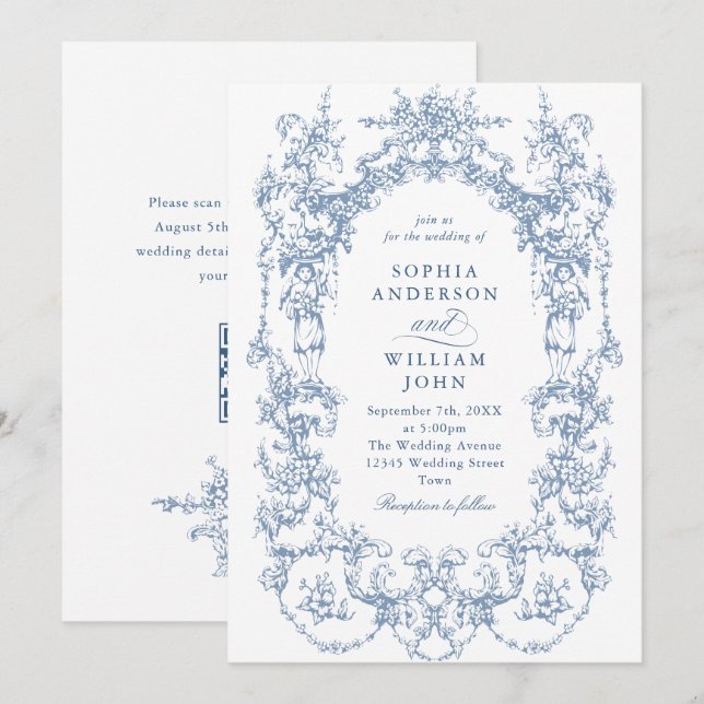 Invitation Victorian Ornate Floral Dusty Blue Code QR Mariage (Devant / Derrière)