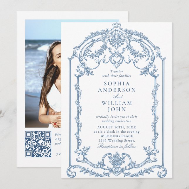 Invitation Victorian Ornate Floral Dusty Blue Code QR Mariage (Devant / Derrière)