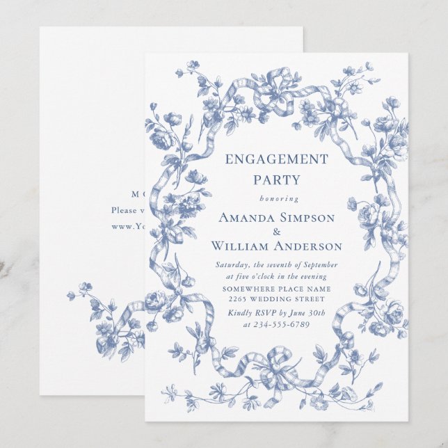Invitation Victorian Ornate Grace Dusty Blue ENGAGEMENT PARTY (Devant / Derrière)