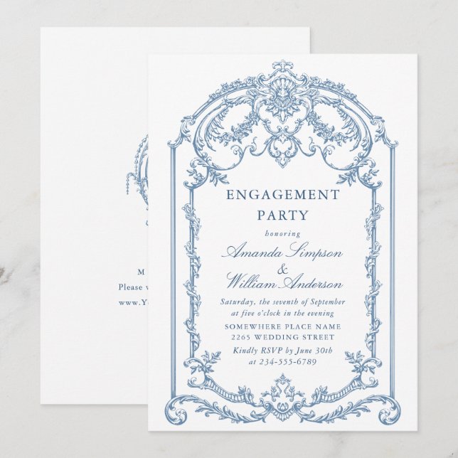 Invitation Victorian Ornate Grace Dusty Blue ENGAGEMENT PARTY (Devant / Derrière)
