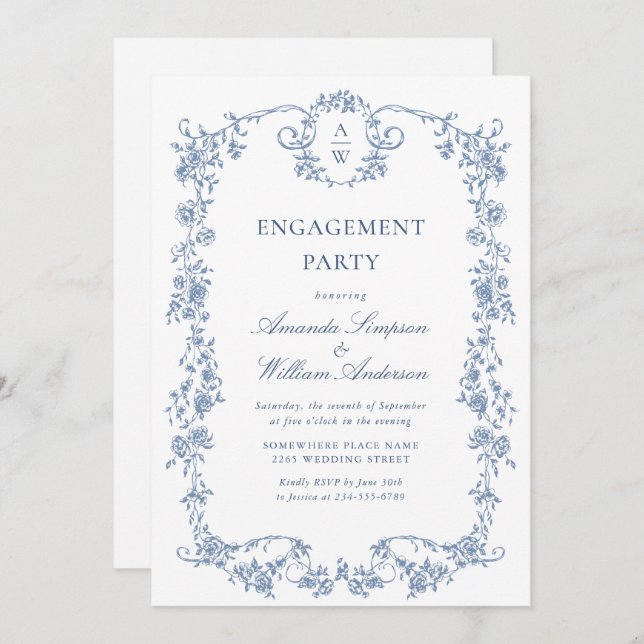 Invitation Victorian Ornate Grace Dusty Blue ENGAGEMENT PARTY (Devant / Derrière)