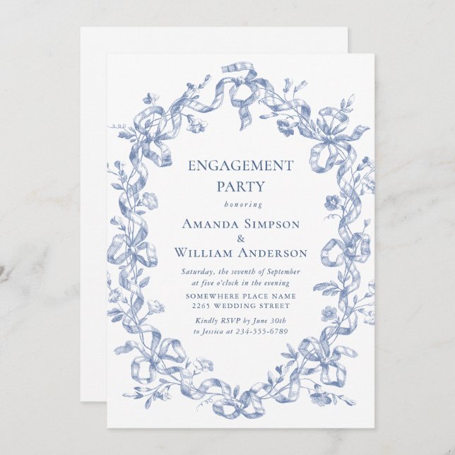 Invitation Victorian Ornate Grace Dusty Blue ENGAGEMENT PARTY (Devant / Derrière)