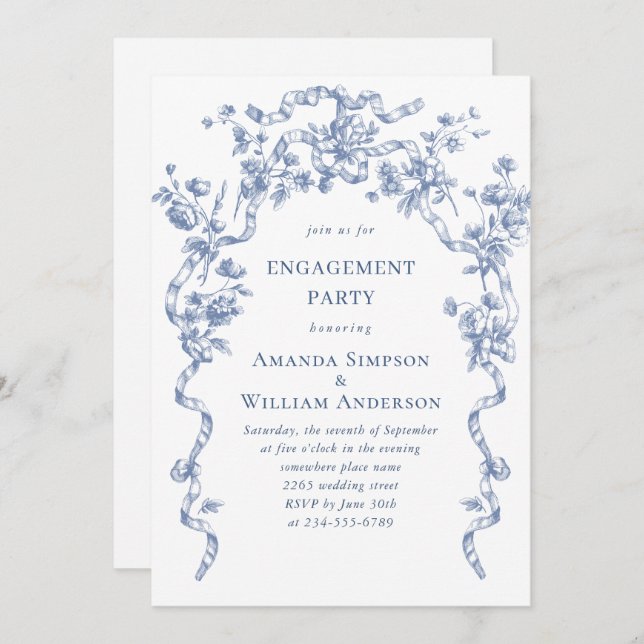 Invitation Victorian Ornate Grace Dusty Blue ENGAGEMENT PARTY (Devant / Derrière)