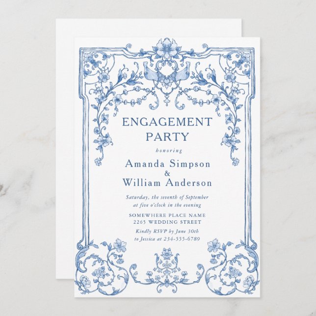 Invitation Victorian Ornate Grace Dusty Blue ENGAGEMENT PARTY (Devant / Derrière)