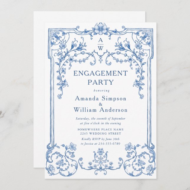 Invitation Victorian Ornate Grace Dusty Blue ENGAGEMENT PARTY (Devant / Derrière)