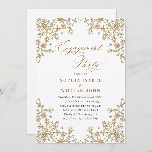 Invitation Victorian Ornate Grace Floral ENGAGEMENT PARTY (Devant / Derrière)