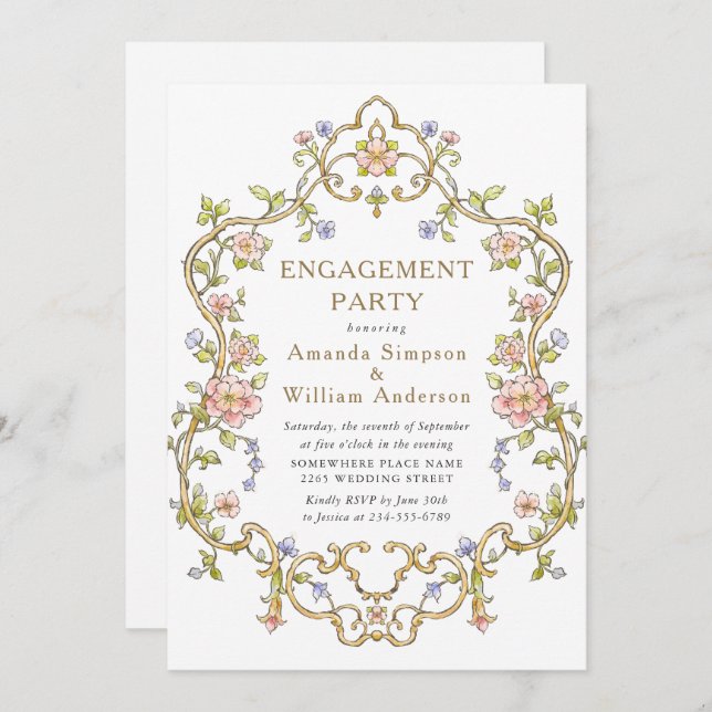 Invitation Victorian Ornate Grace Floral ENGAGEMENT PARTY (Devant / Derrière)