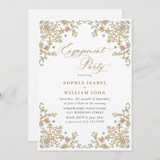 Invitation Victorian Ornate Grace Floral ENGAGEMENT PARTY (Devant / Derrière)