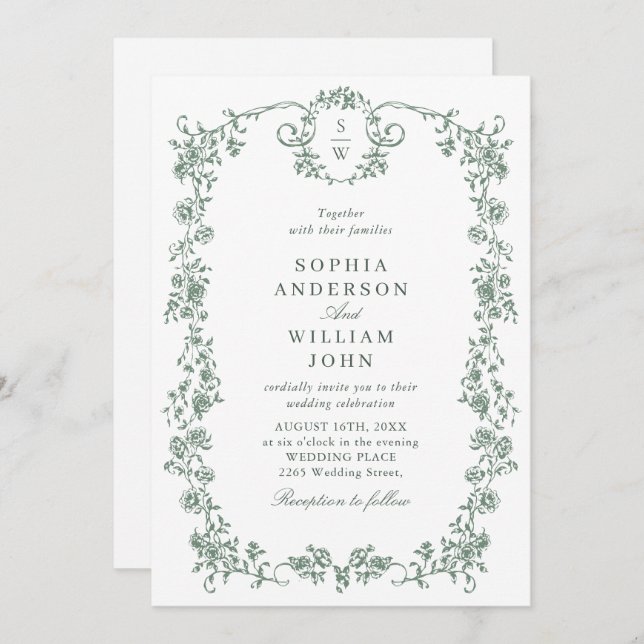 Invitation Victorian Ornate Grace Green Code QR Mariage (Devant / Derrière)
