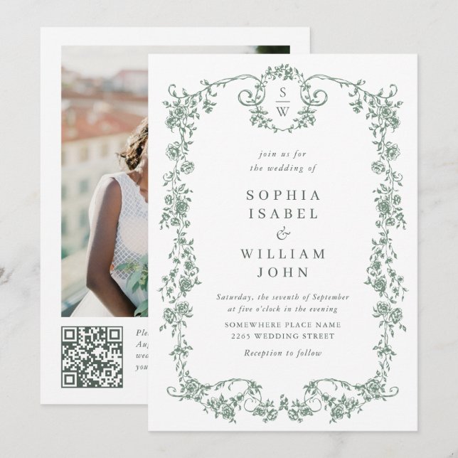 Invitation Victorian Ornate Grace Green Photo Code QR Mariage (Devant / Derrière)