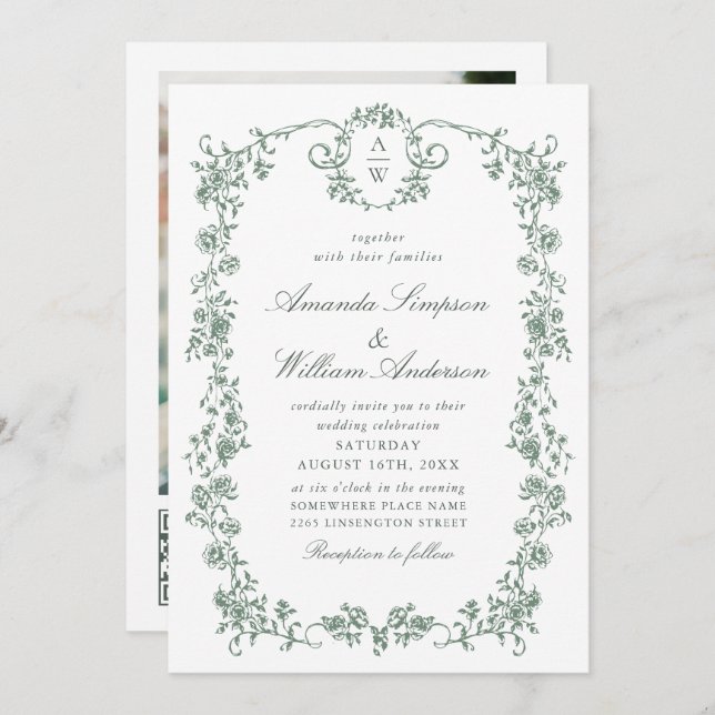 Invitation Victorian Ornate Grace Green Photo Code QR Mariage (Devant / Derrière)
