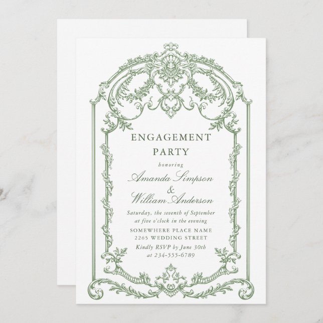 Invitation Victorian Ornate Grace Sage Green ENGAGEMENT PARTY (Devant / Derrière)