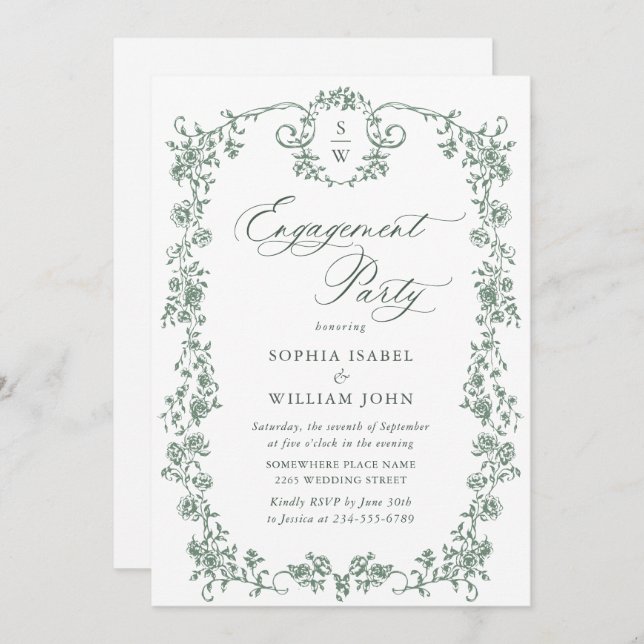 Invitation Victorian Ornate Grace Sage Green ENGAGEMENT PARTY (Devant / Derrière)