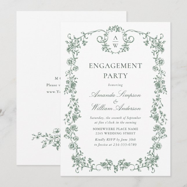 Invitation Victorian Ornate Grace Sage Green ENGAGEMENT PARTY (Devant / Derrière)