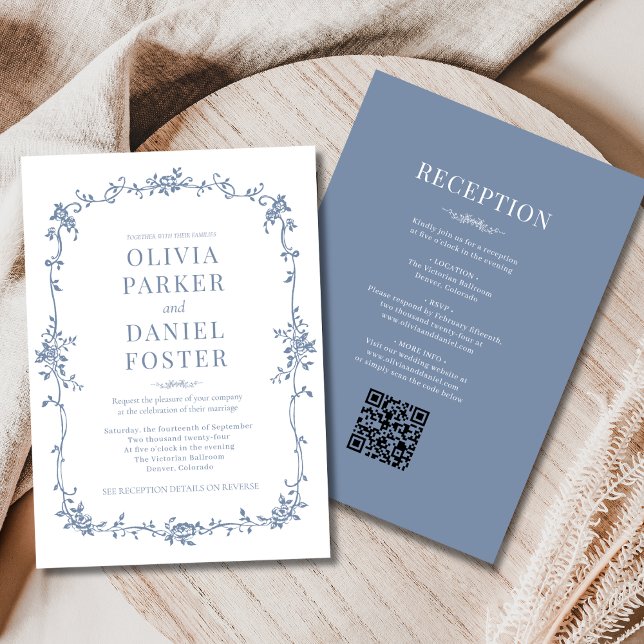 Invitation Victorian QR Code All in One Dusty Blue Wedding  (Créateur téléchargé)