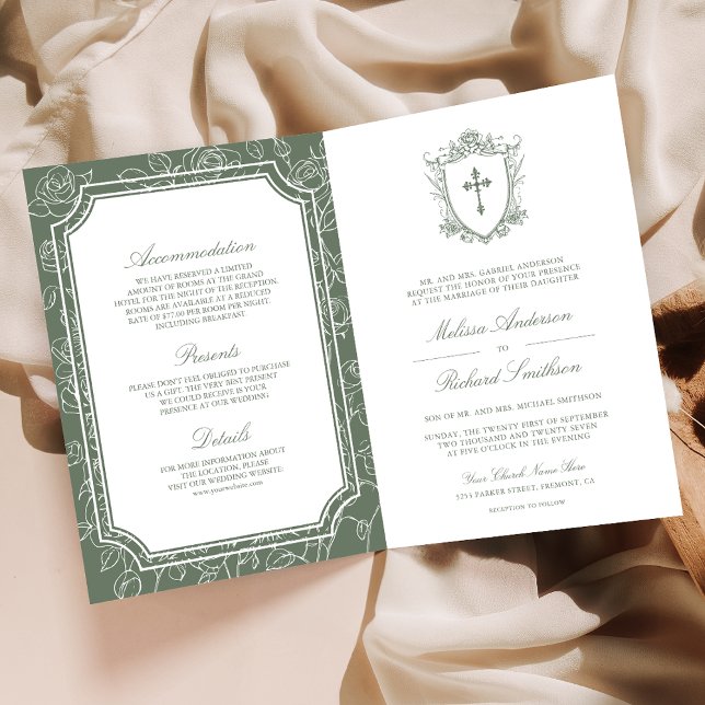 Invitation Victorian Sage Green Catholic QR Code Wedding (Créateur téléchargé)