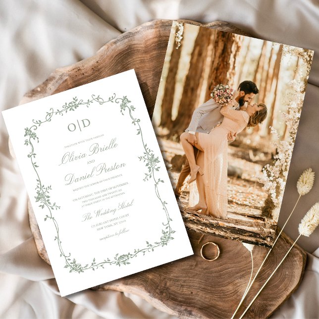 Invitation Victorian Sage Green Photo Monogramme Mariage (Créateur téléchargé)
